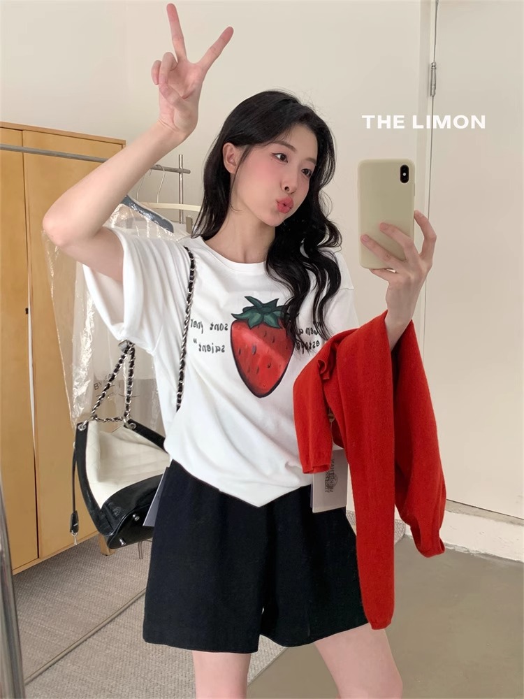 MY17531# 韩版时尚设计感圆领短袖T恤女草莓字母印花显瘦上衣女裝貨源服裝批發
