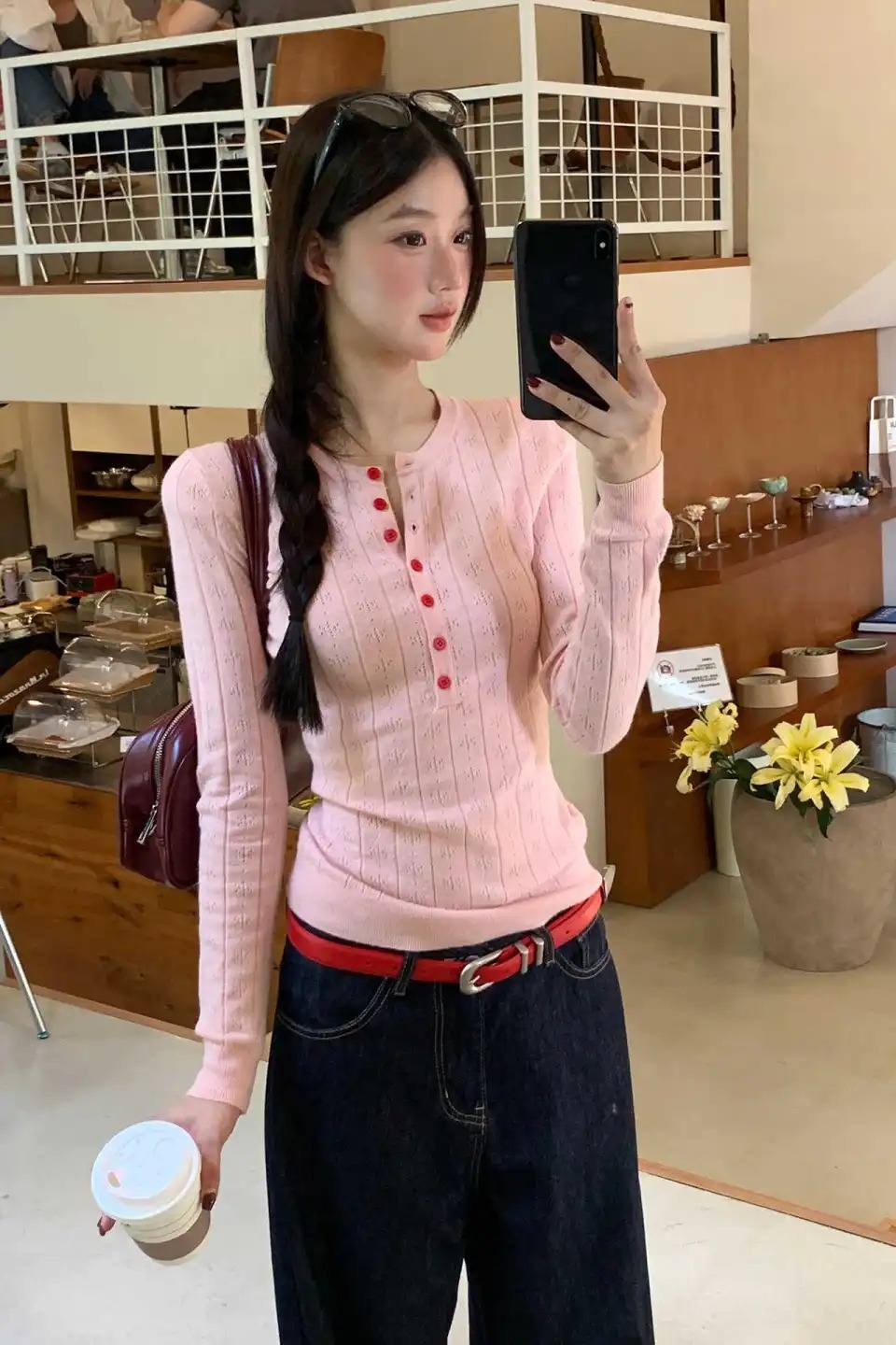 韓系甜美粉色V領長袖針織衫女早春2026修身內搭打底衫巨好看上衣