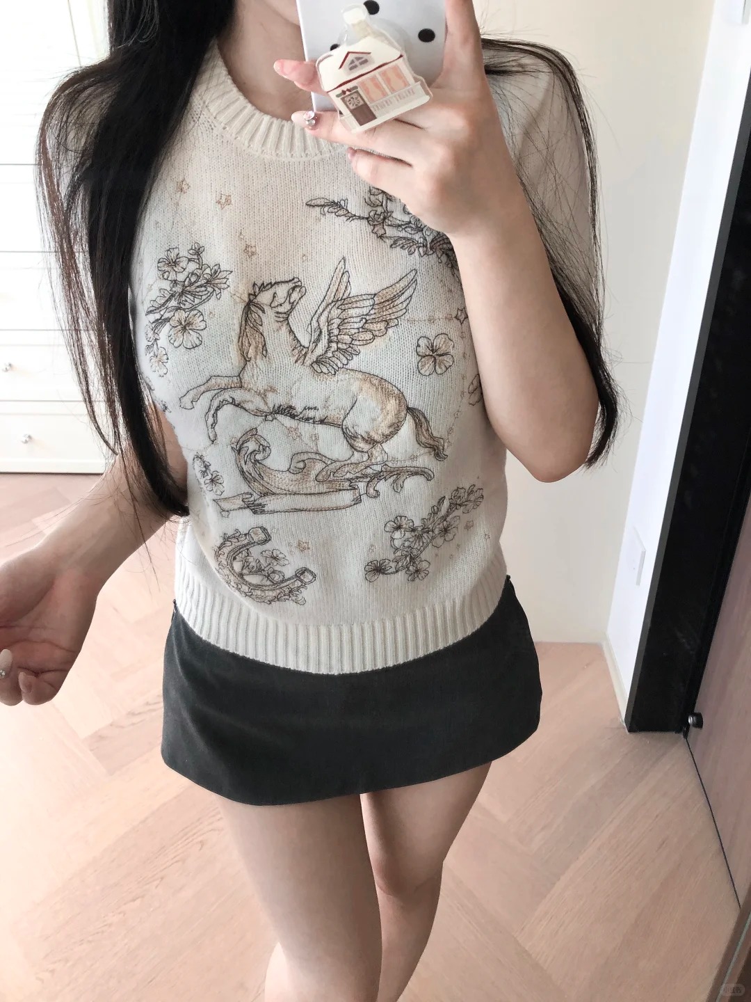 新年小馬100綿羊毛重工刺繡顯瘦正肩針織短袖上衣女
