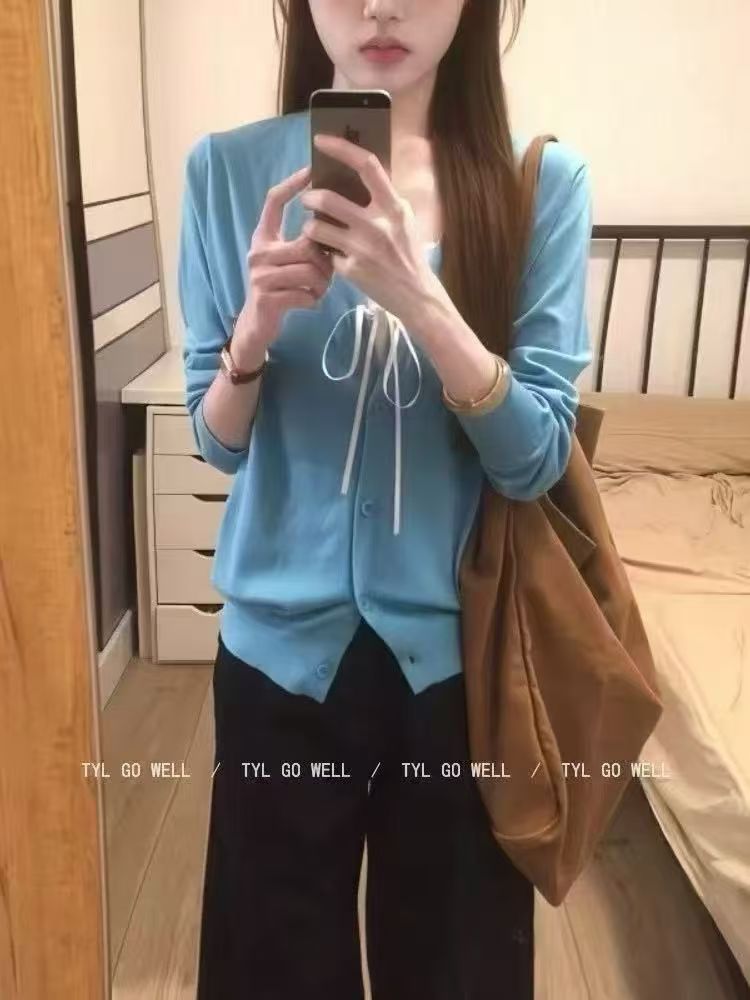 藍色長袖針織開衫女早春韓系外穿內搭毛衣外套短款上衣春季