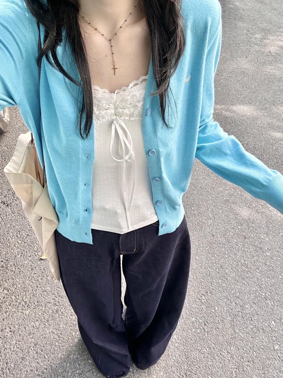 藍色長袖針織開衫女早春韓系外穿內搭毛衣外套短款上衣春季