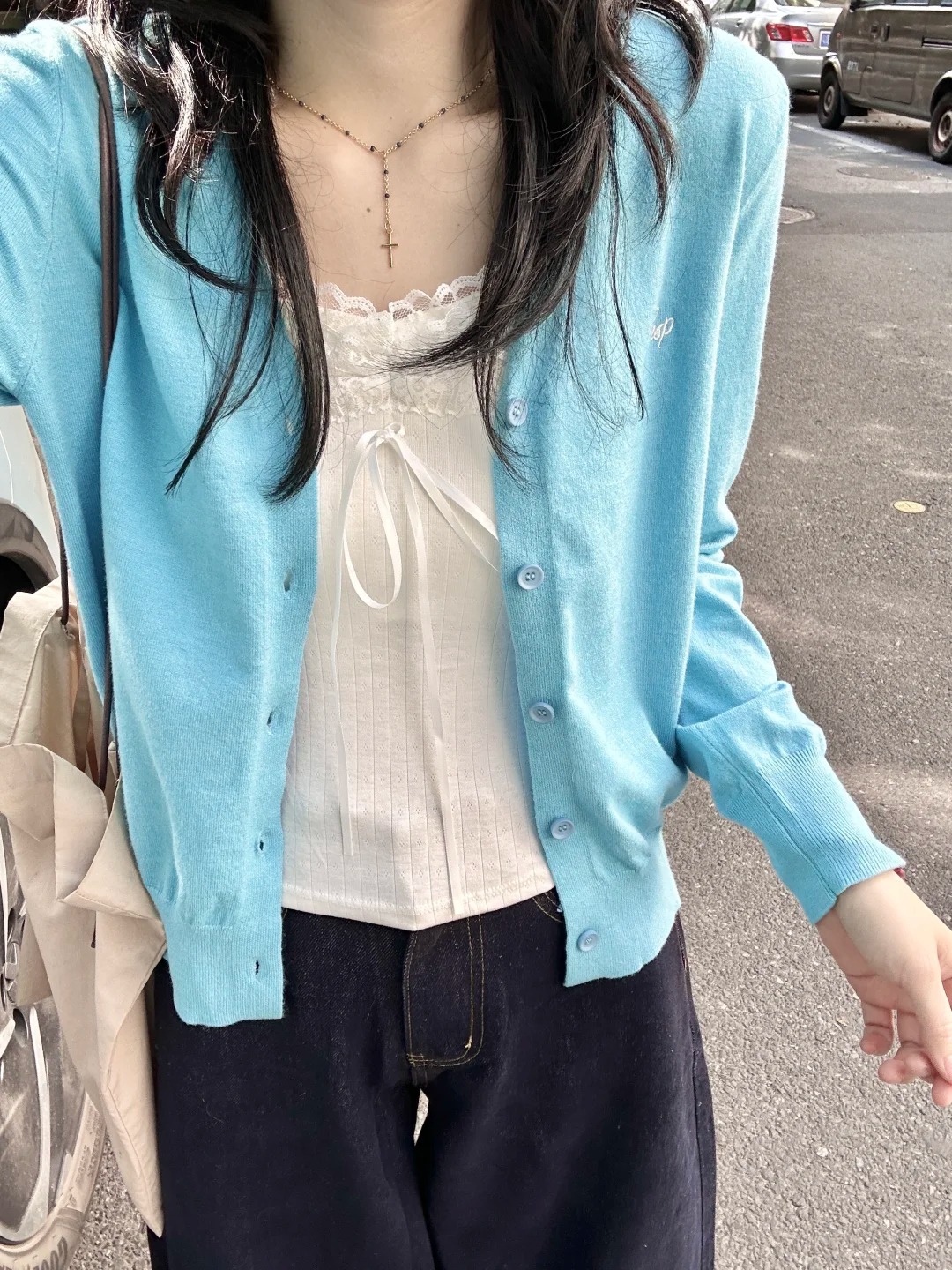 藍色長袖針織開衫女早春韓系外穿內搭毛衣外套短款上衣春季