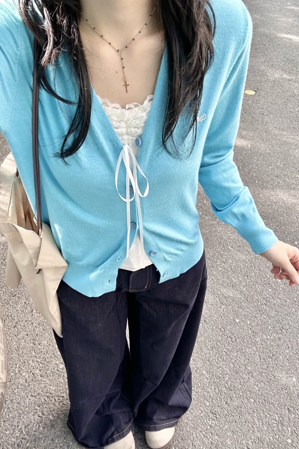 藍色長袖針織開衫女早春韓系外穿內搭毛衣外套短款上衣春季