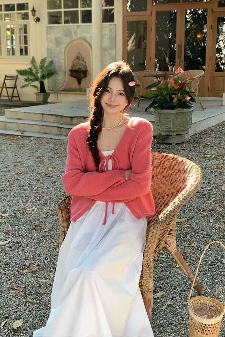 梅子粉綁帶針織衫女春季新款毛衣新款百搭寬松慵懶上衣