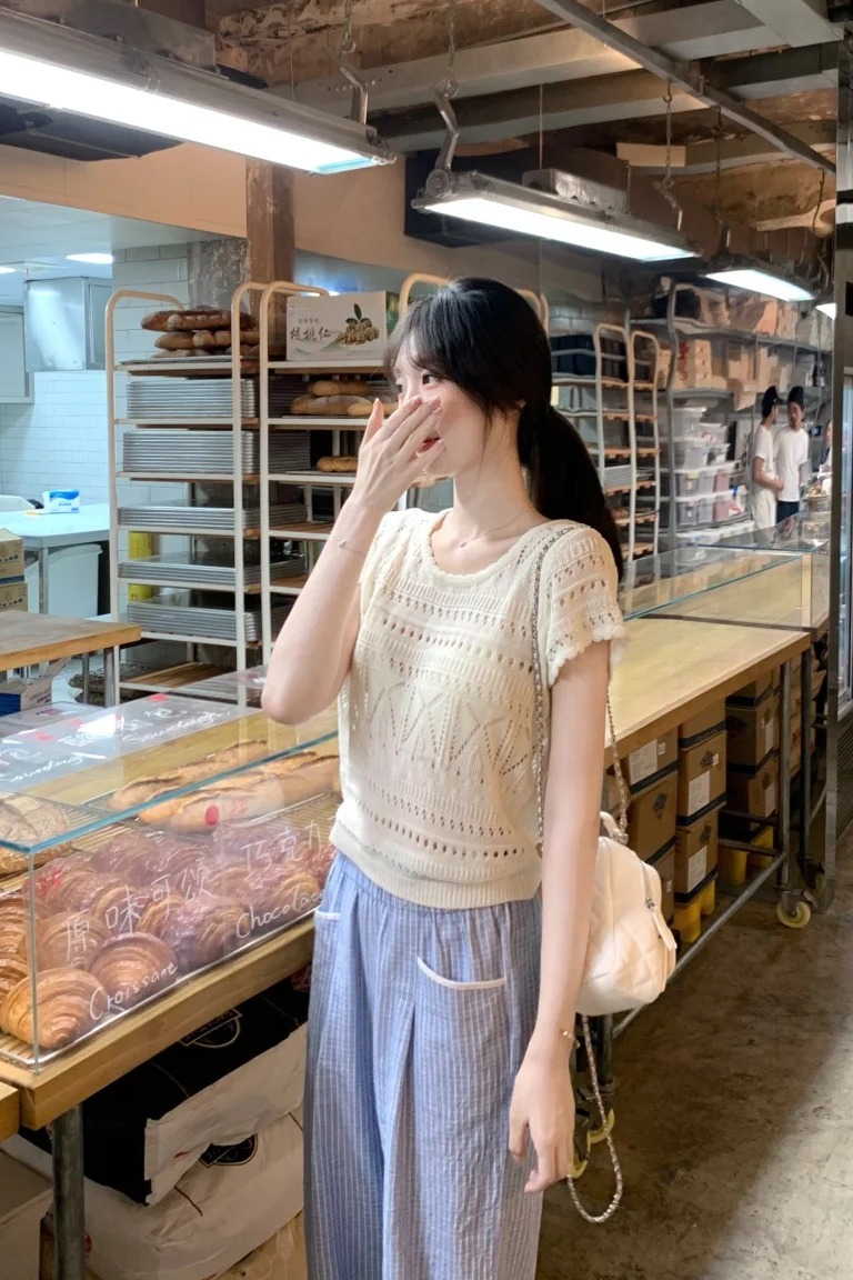 溫柔風洋氣高級感氣質顯瘦短袖圓領別致短款鏤空針織衫T恤上衣女