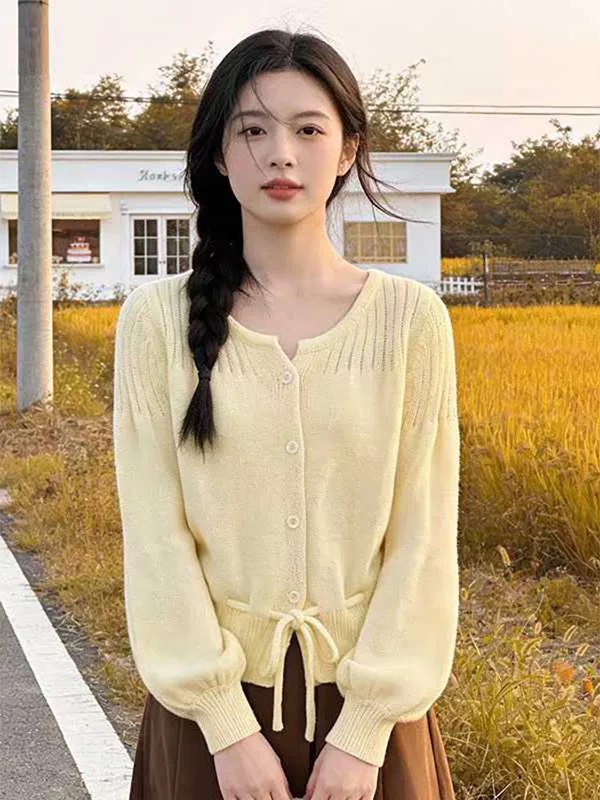 高級感綁帶收腰鏤空針織開衫女2026新款初秋絕美單穿上衣