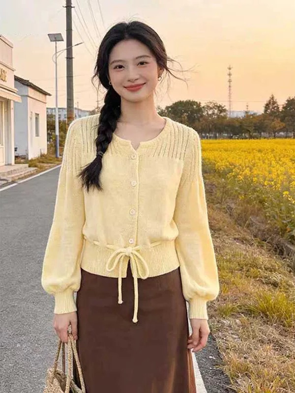 高級感綁帶收腰鏤空針織開衫女2026新款初秋絕美單穿上衣