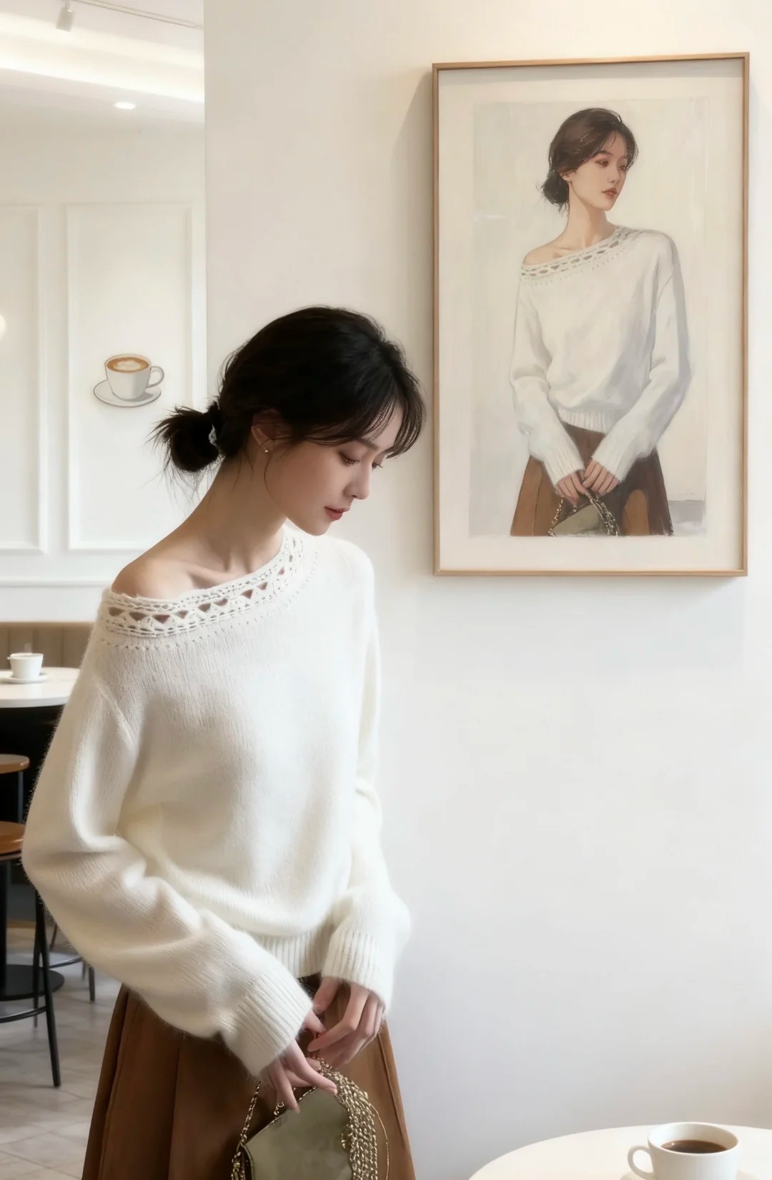 打底上衣法式羊駝毛手工鉤花斜肩針織罩衫毛衣女秋季高級感慵懶風