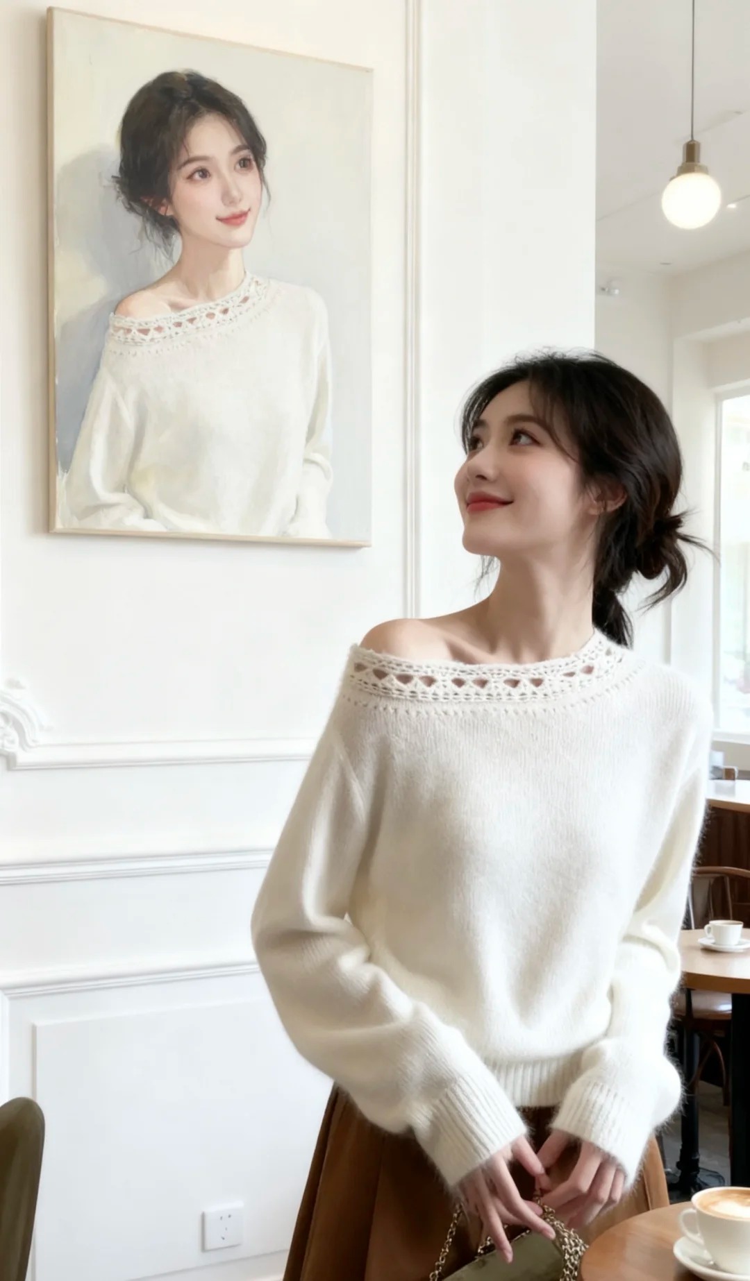 打底上衣法式羊駝毛手工鉤花斜肩針織罩衫毛衣女秋季高級感慵懶風