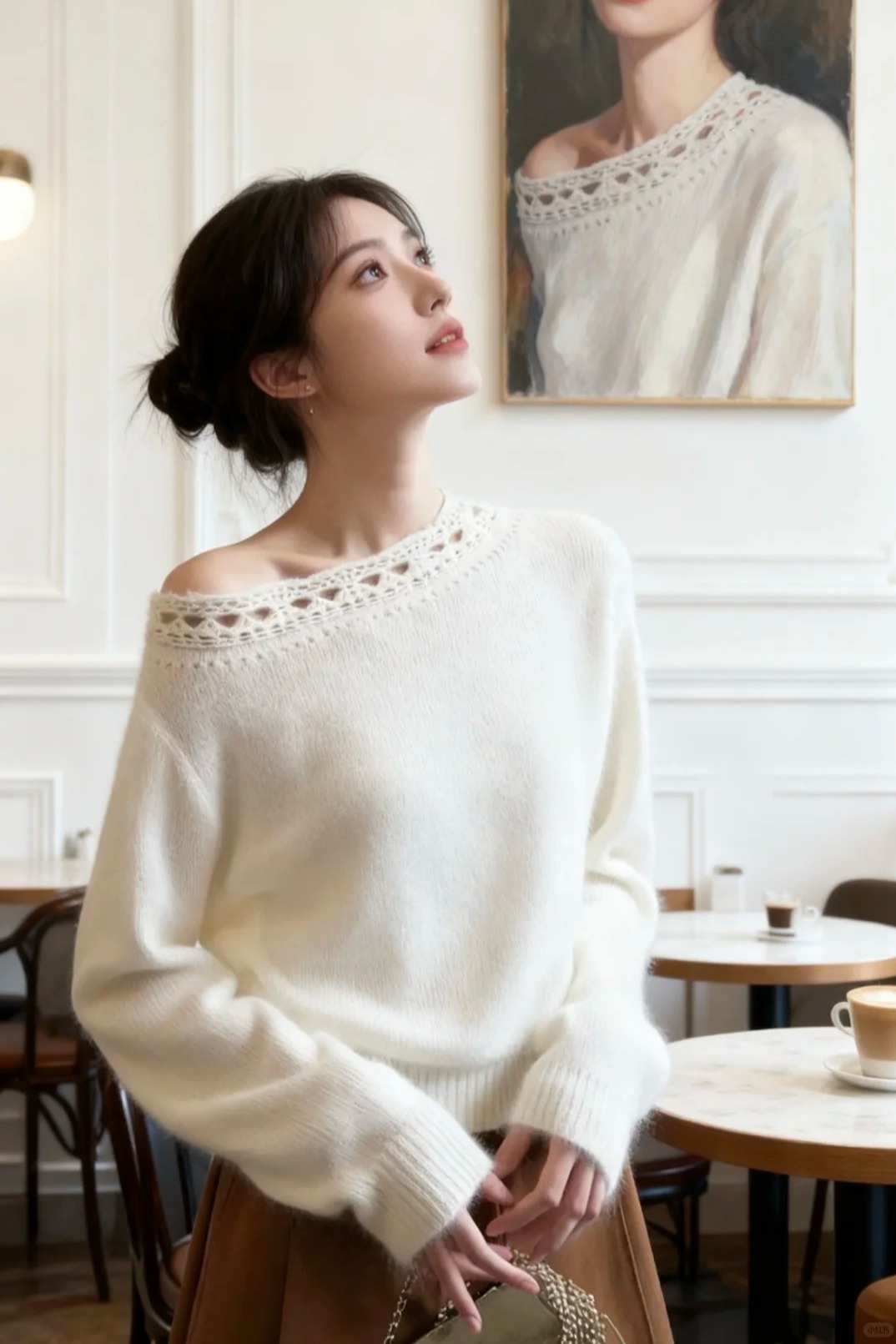 打底上衣法式羊駝毛手工鉤花斜肩針織罩衫毛衣女秋季高級感慵懶風