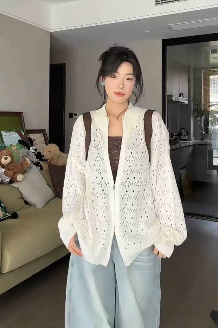白色勾花鏤空中長款針織拉鏈開衫外套女秋季薄款外搭寬松春秋上衣