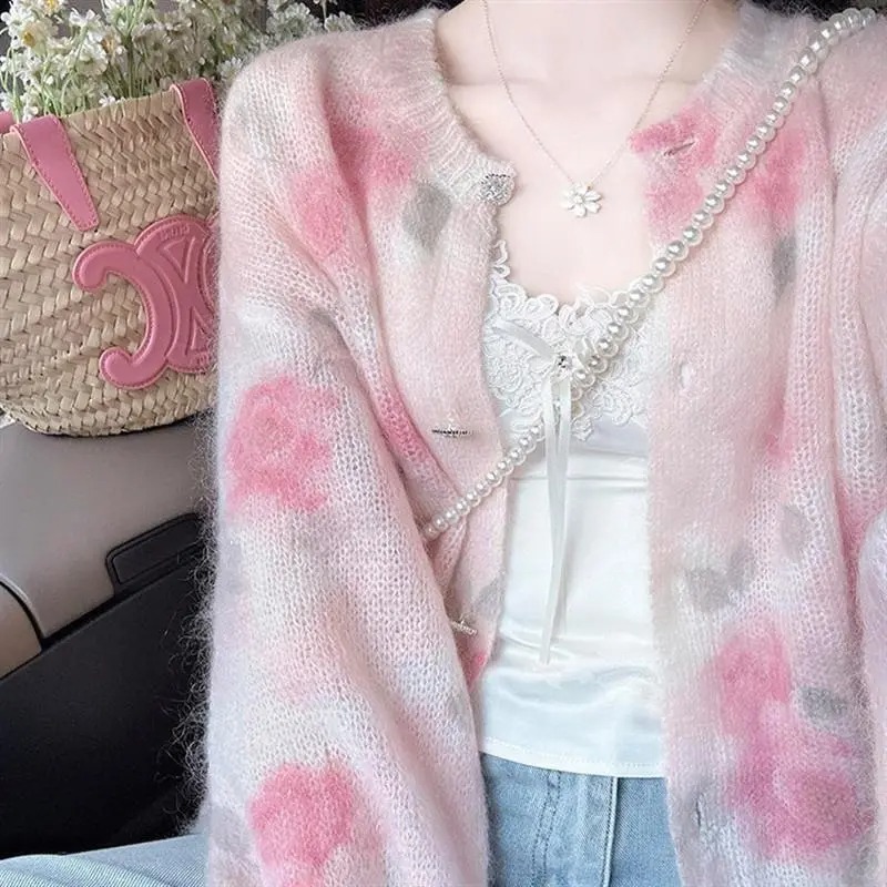 早秋流行韓系穿搭粉色花朵毛衣開衫女秋冬寬松慵懶風針織外套上衣