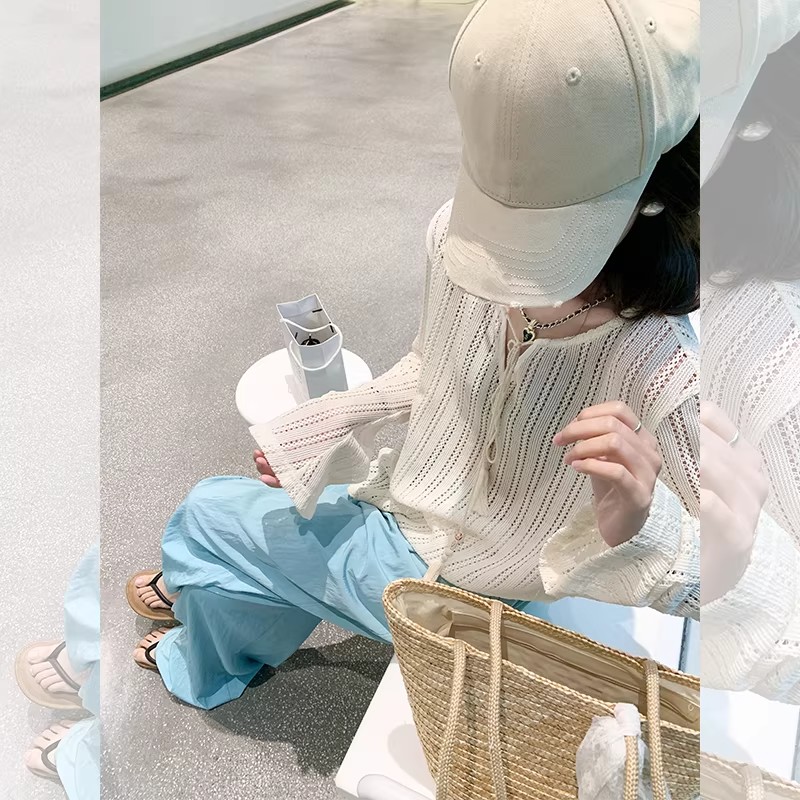 韓版洋氣簡約寬松百搭防曬罩衫鉤花鏤空針織T恤小上衣女
