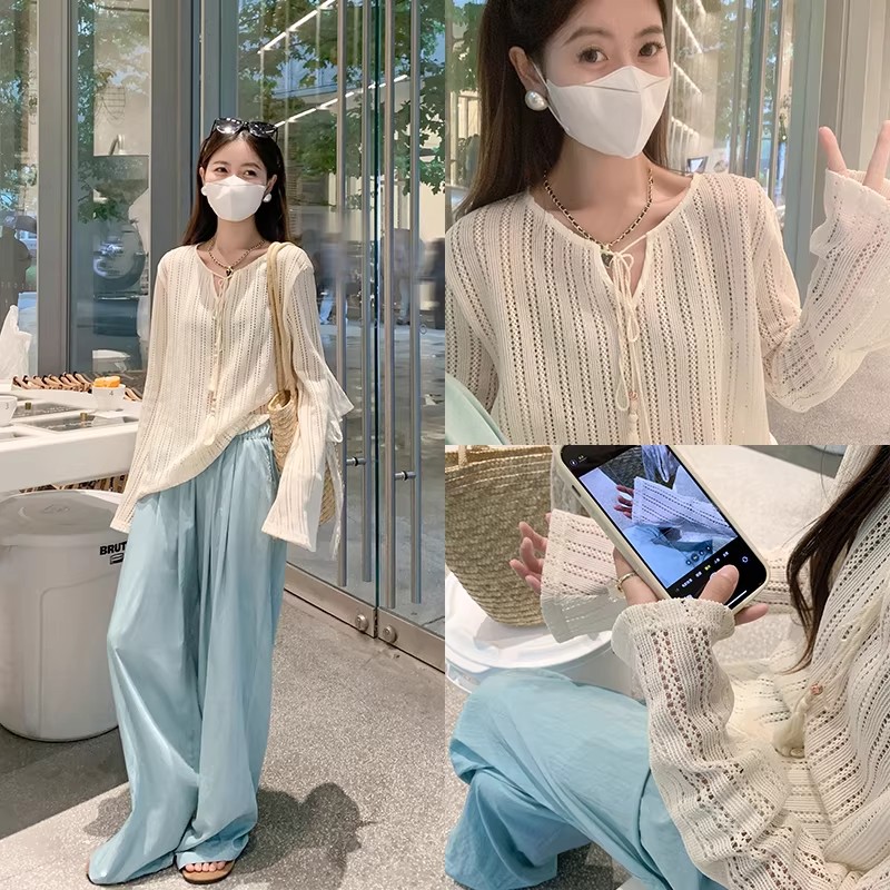 韓版洋氣簡約寬松百搭防曬罩衫鉤花鏤空針織T恤小上衣女