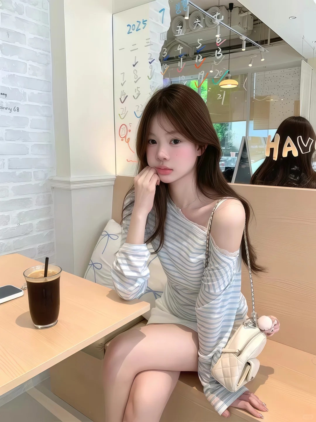韓系斜露肩條紋蕾絲長袖t恤女夏季新款寬松外穿防曬罩衫慵懶上衣