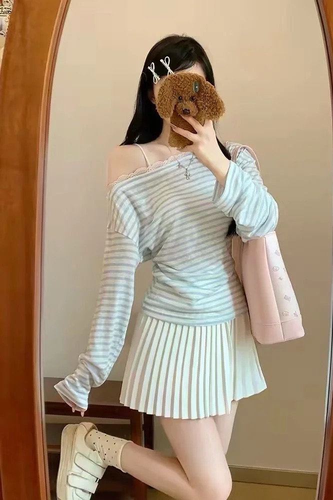 韓系斜露肩條紋蕾絲長袖t恤女夏季新款寬松外穿防曬罩衫慵懶上衣
