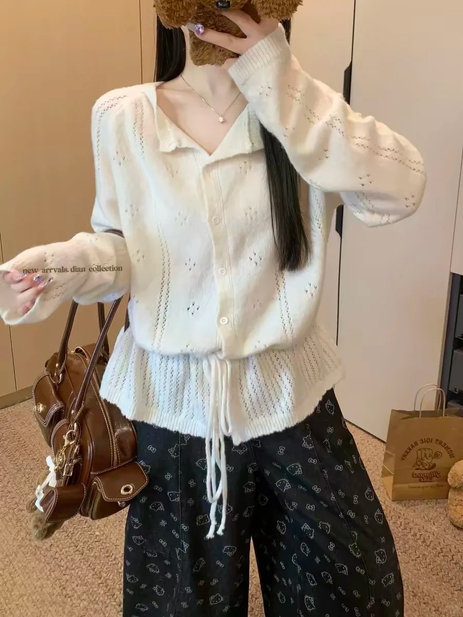 miu系設計感白色鏤空針織開衫上衣女冬季慵懶風抽繩收腰長袖毛衣