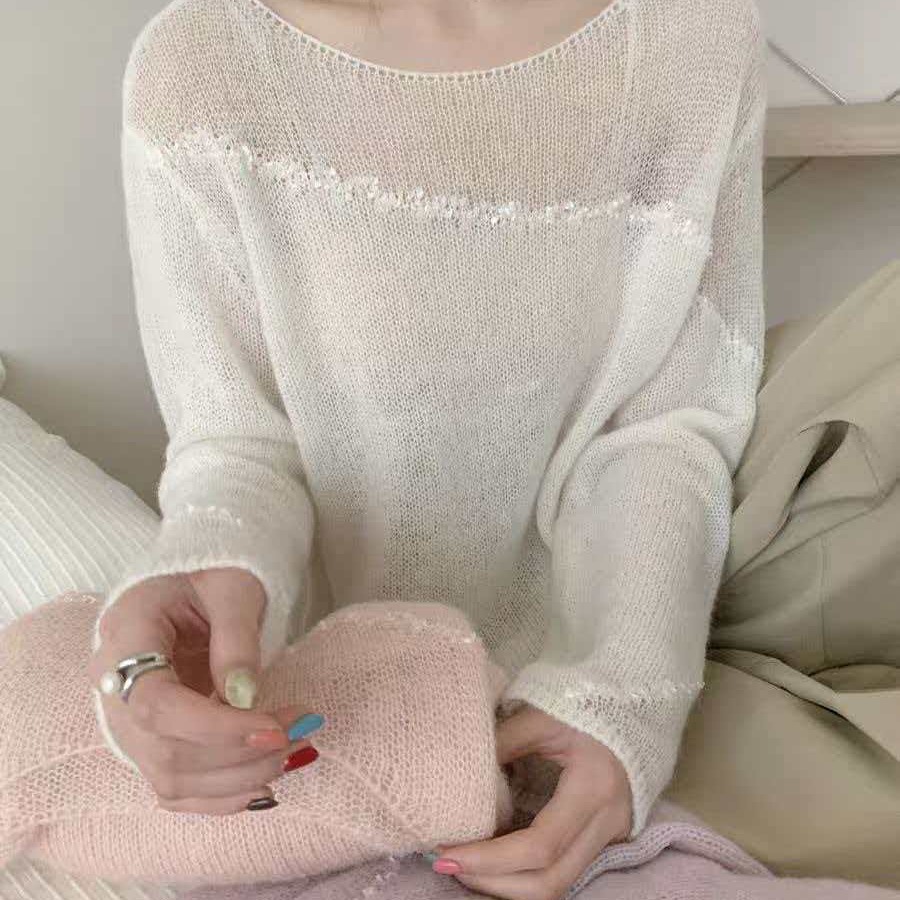 韓系高級感拼織帶條絲光羊毛針織衫女26春季寬松百搭上衣