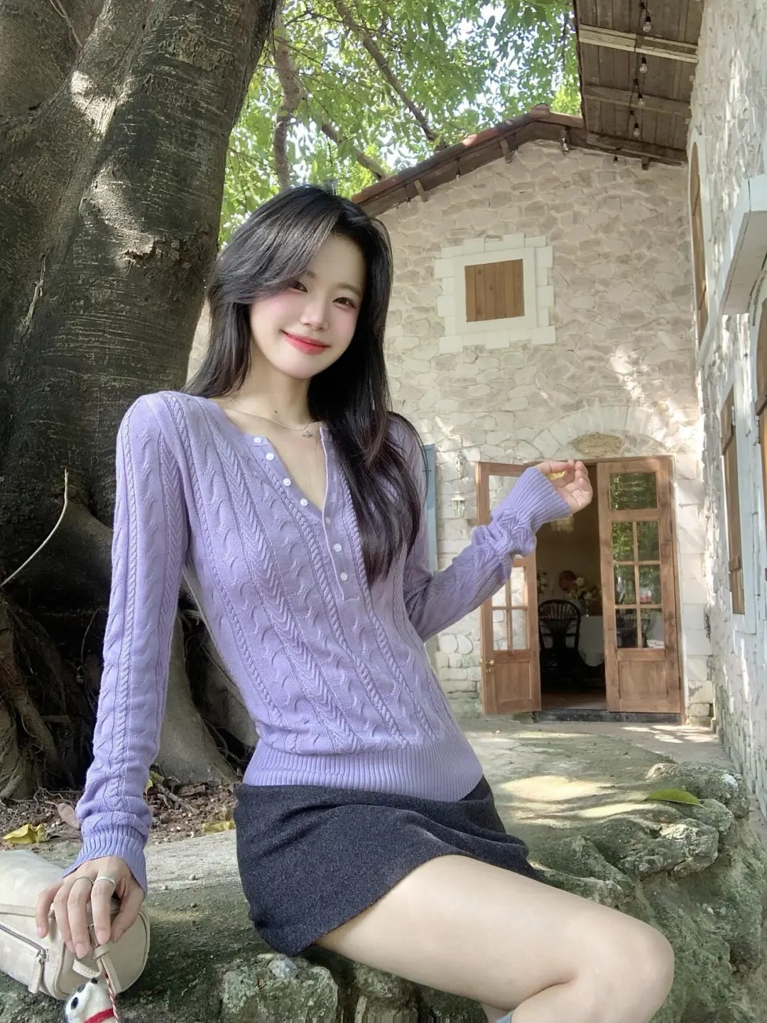 毛衣女秋冬慵懶高級感內搭長袖上衣修身紫色巨好看的針織衫