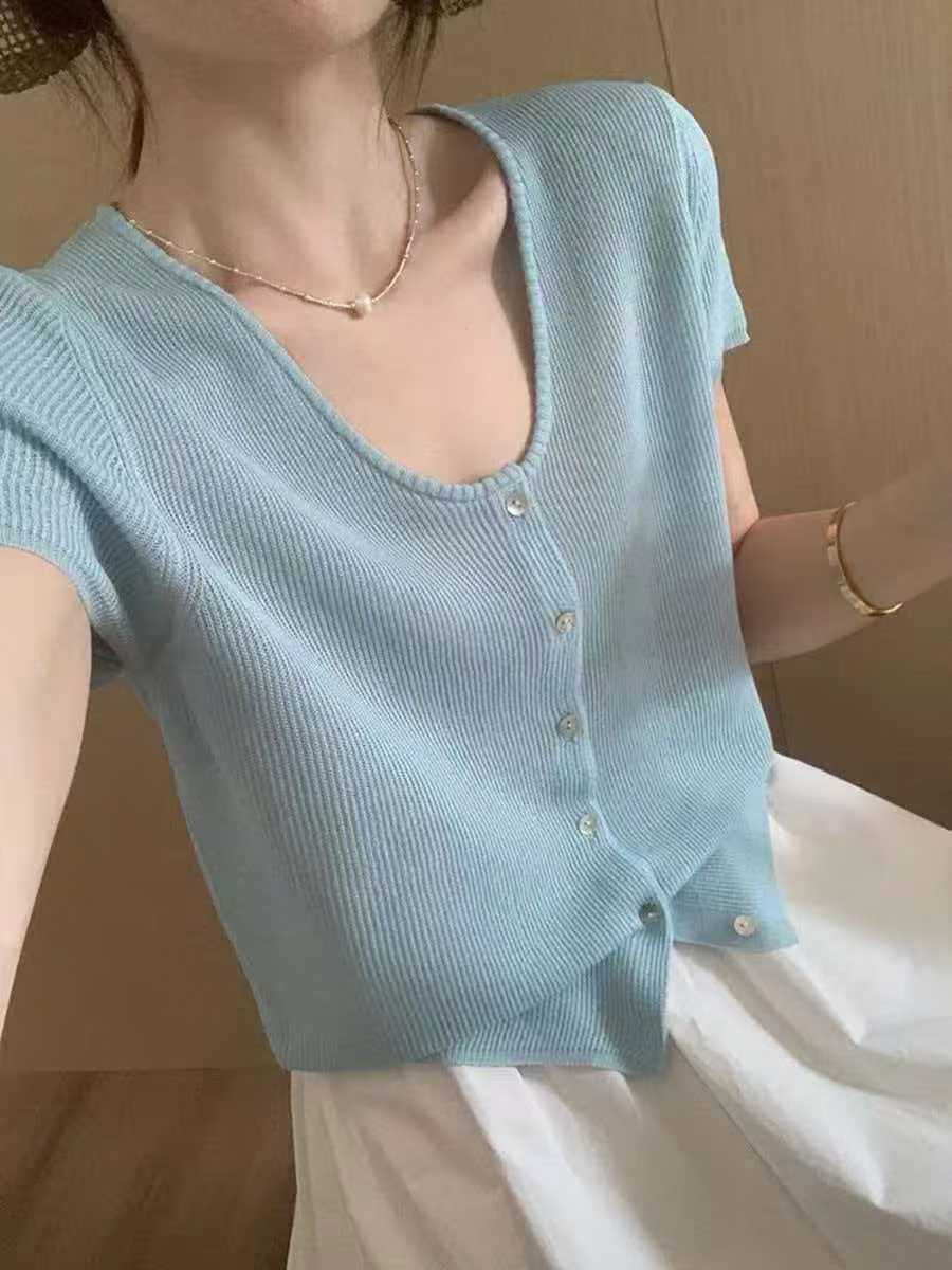 法式粉色針織短袖女2026新款薄款氣質U領小衫設計感小眾短款上衣