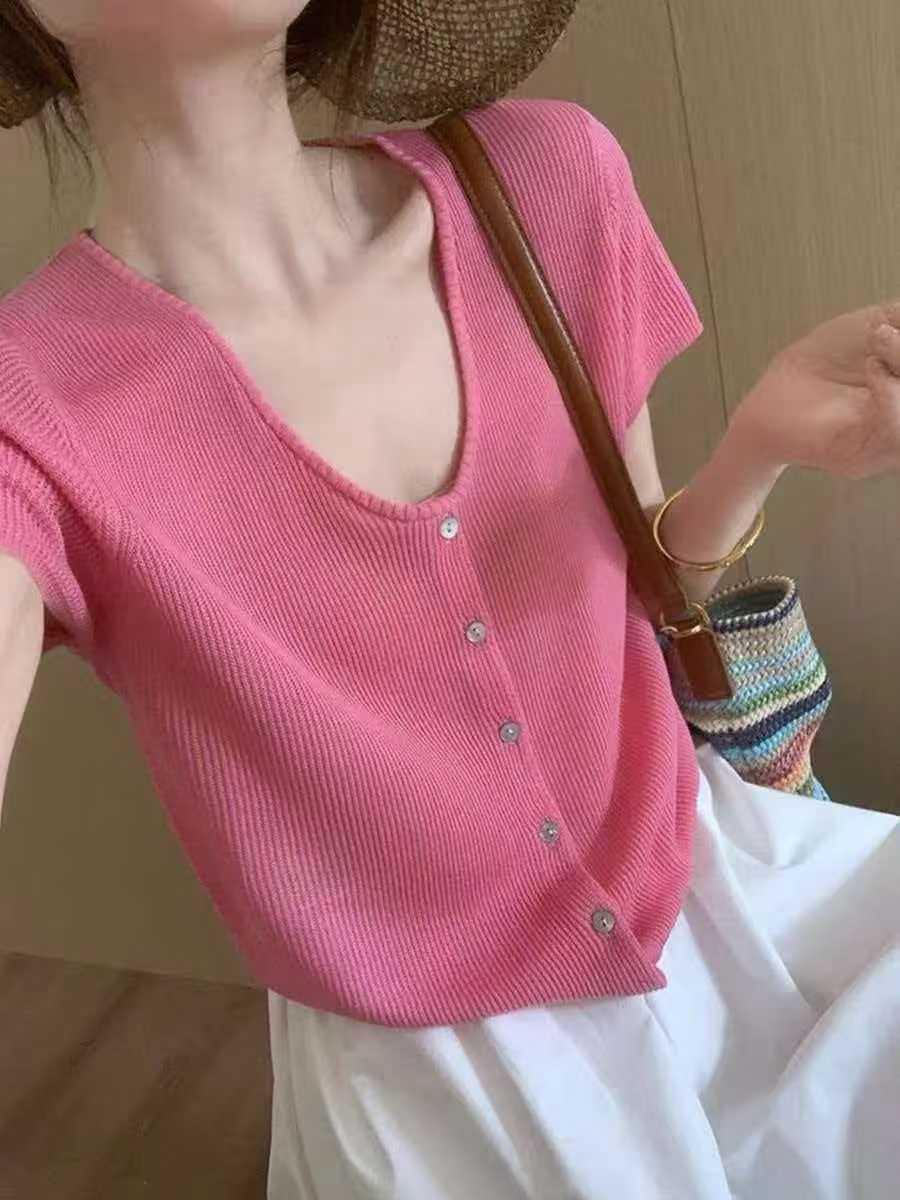 法式粉色針織短袖女2026新款薄款氣質U領小衫設計感小眾短款上衣