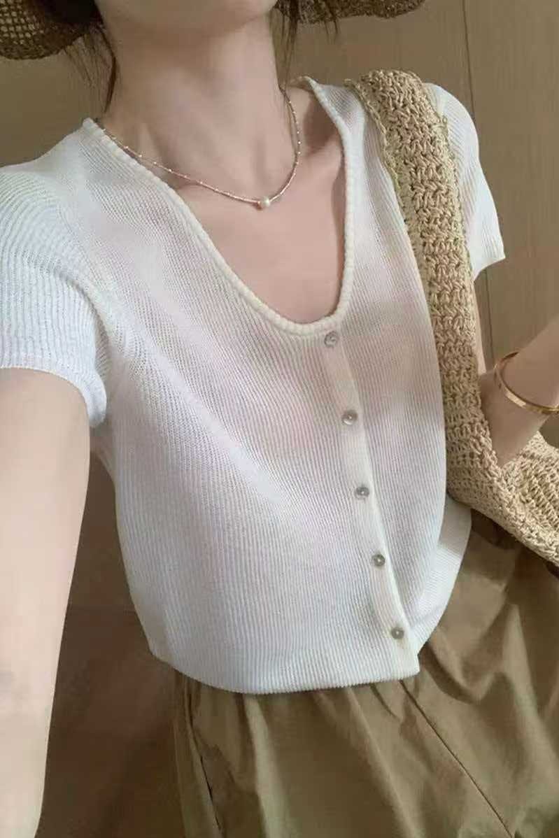 法式粉色針織短袖女2026新款薄款氣質U領小衫設計感小眾短款上衣