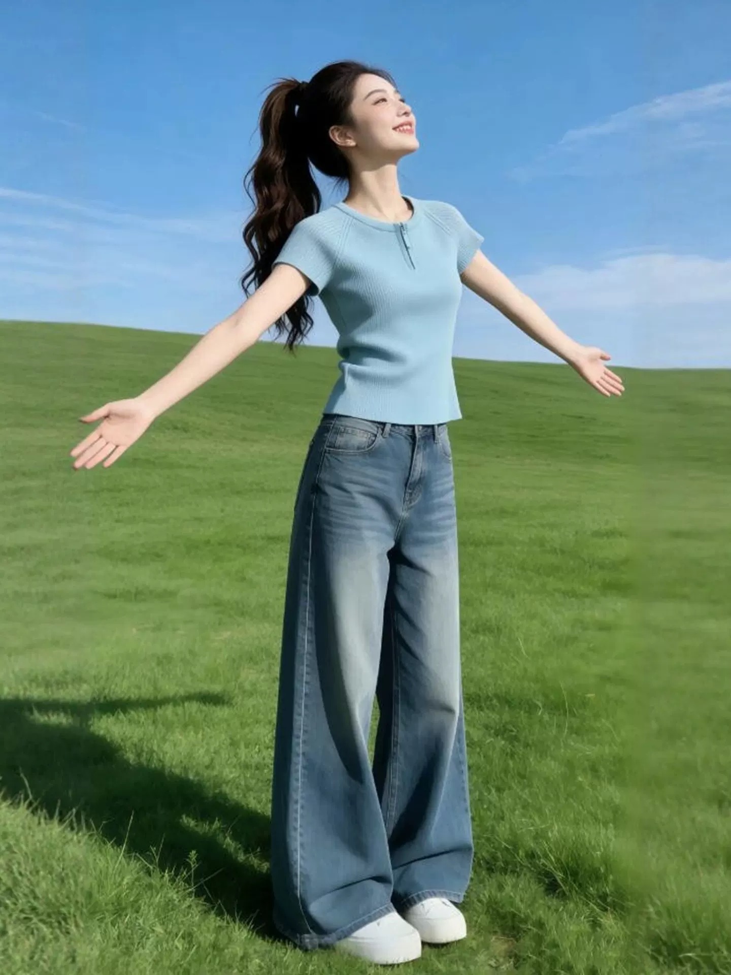 溫柔系經典百搭款輕奢極簡風短袖T恤女藍色拉鏈修身顯瘦上衣