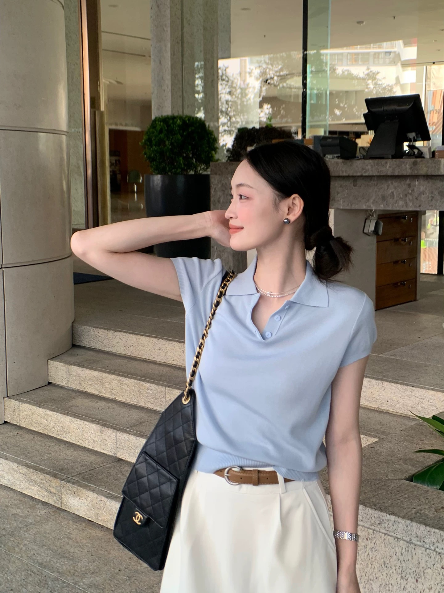 白色POLO衫~正肩短袖T恤女夏季針織翻領上
