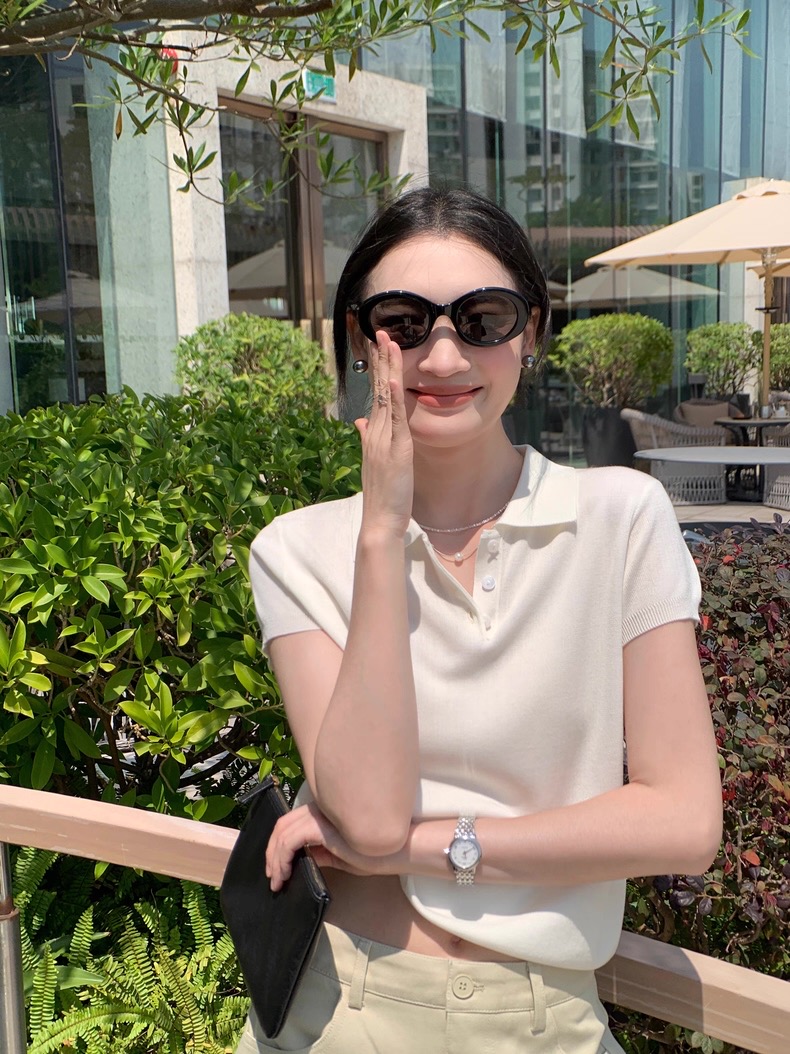 白色POLO衫~正肩短袖T恤女夏季針織翻領上