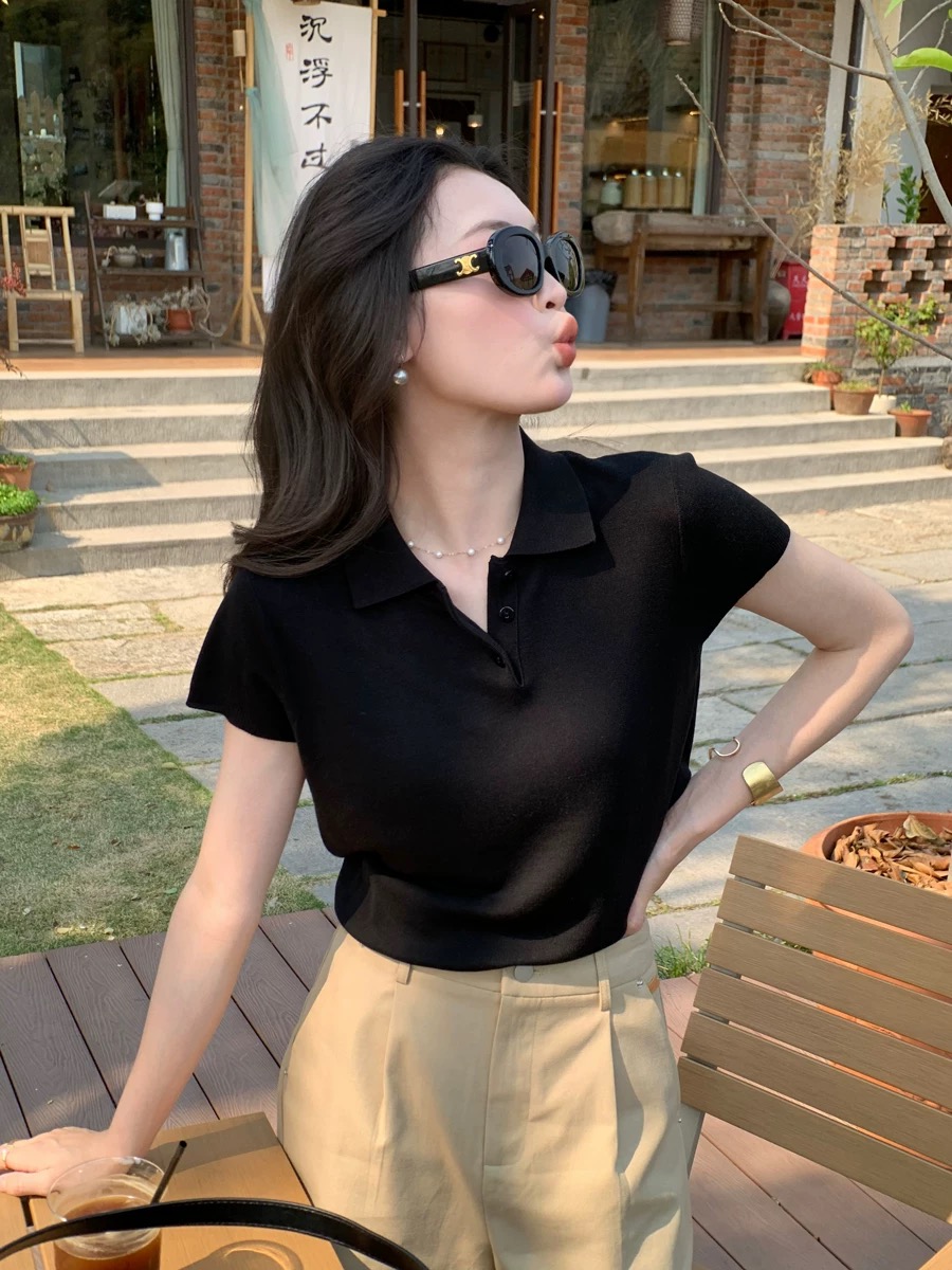 白色POLO衫~正肩短袖T恤女夏季針織翻領上