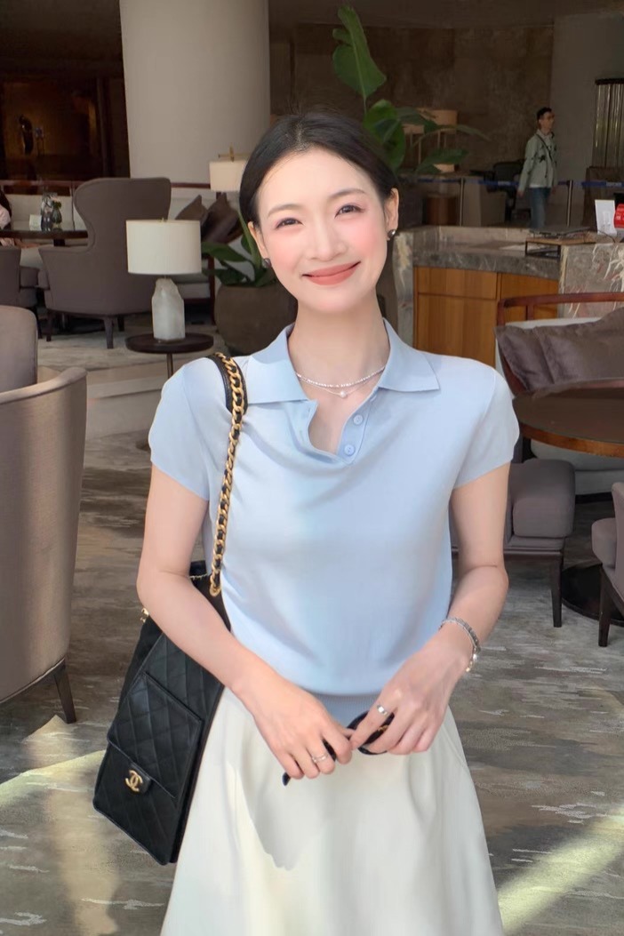 白色POLO衫~正肩短袖T恤女夏季針織翻領上