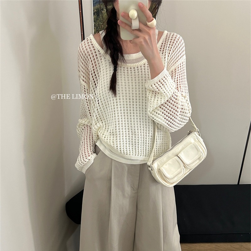 檸檬綠茶吊帶背心+鏤空針織防曬衫兩件套女韓版上衣