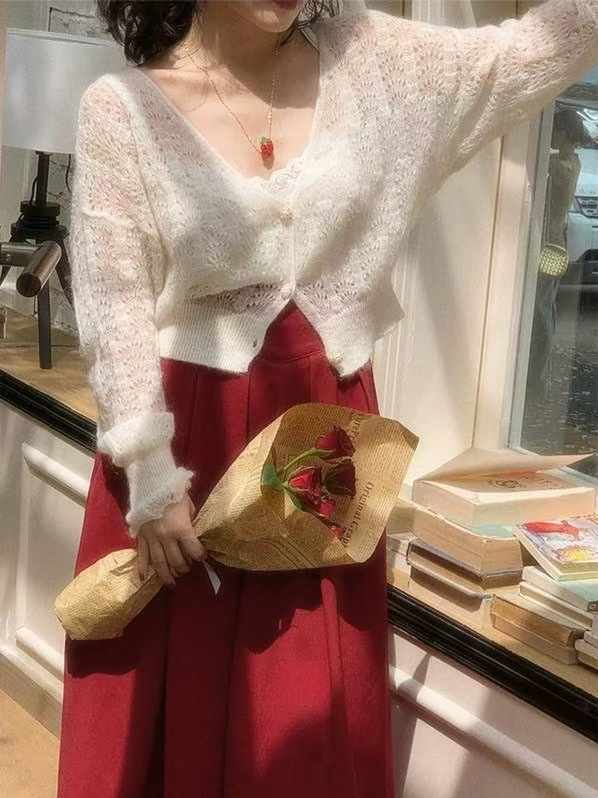 春秋鏤空馬海毛軟糯毛衣女慵懶風寬松秋季毛織小開衫