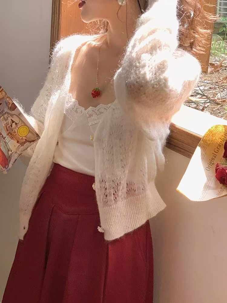 春秋鏤空馬海毛軟糯毛衣女慵懶風寬松秋季毛織小開衫