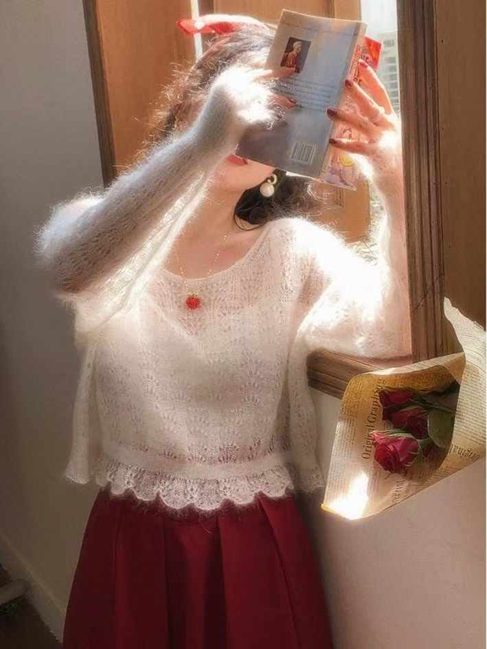 春秋鏤空馬海毛軟糯毛衣女慵懶風短款寬松罩衫長袖上衣