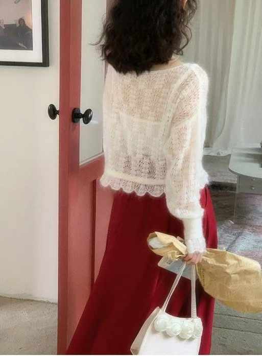 春秋鏤空馬海毛軟糯毛衣女慵懶風短款寬松罩衫長袖上衣