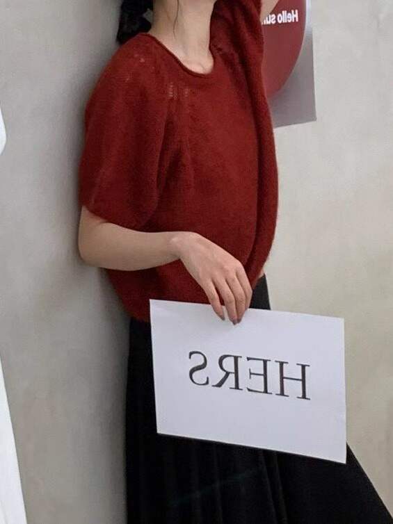 韓系氛圍感灰色馬海毛短袖毛衣女秋冬季泡泡袖圓領套頭針織衫上衣