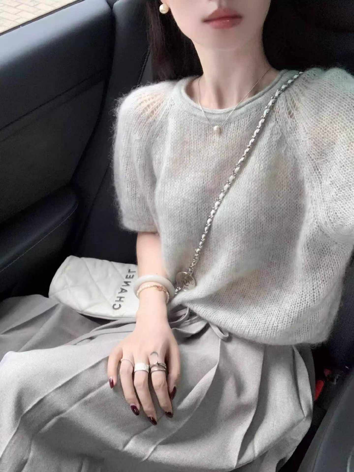 韓系氛圍感灰色馬海毛短袖毛衣女秋冬季泡泡袖圓領套頭針織衫上衣