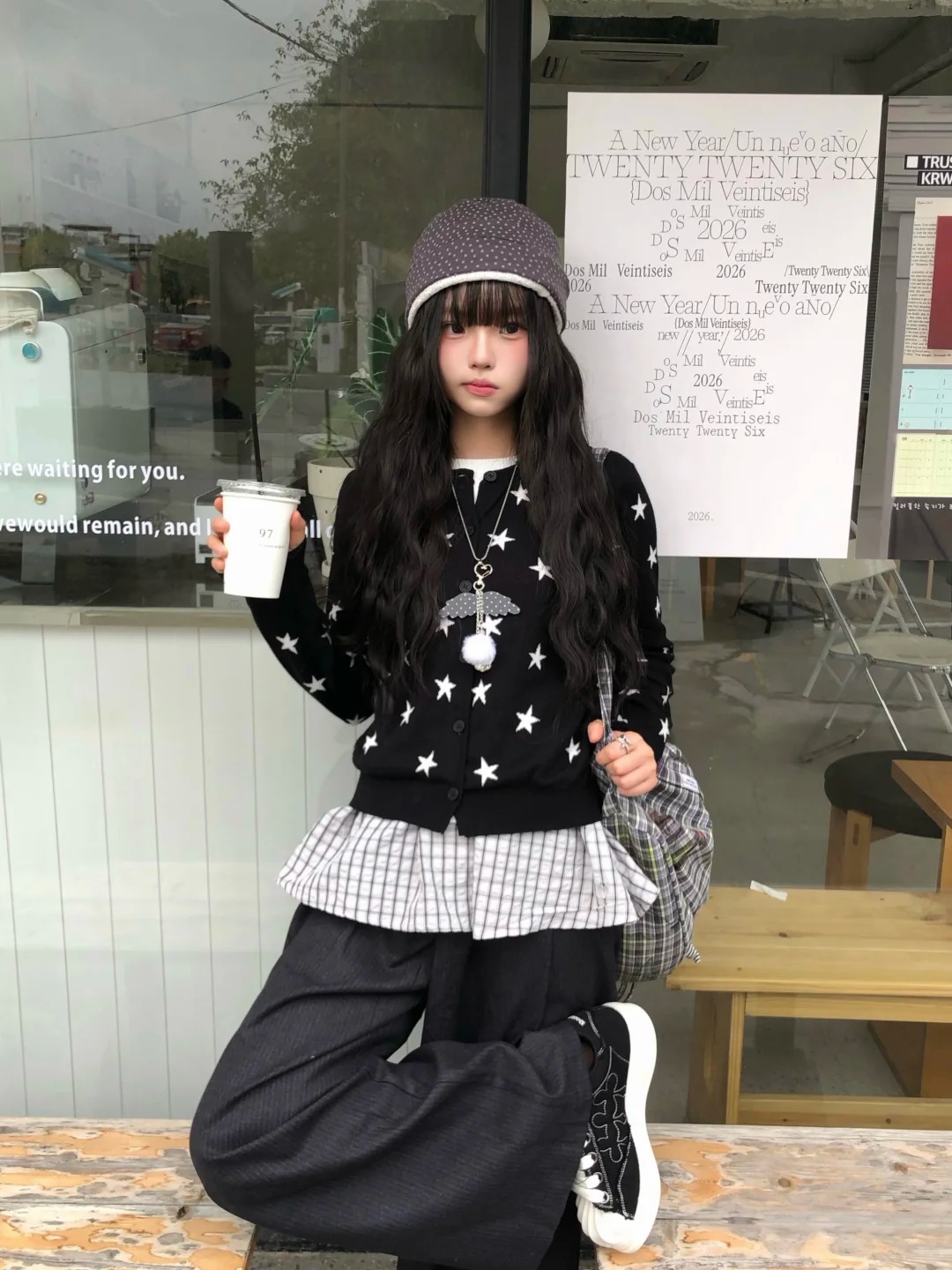 甜美少女風星星提花假兩件毛衣針織開衫上衣慵懶風百搭針織衫外套