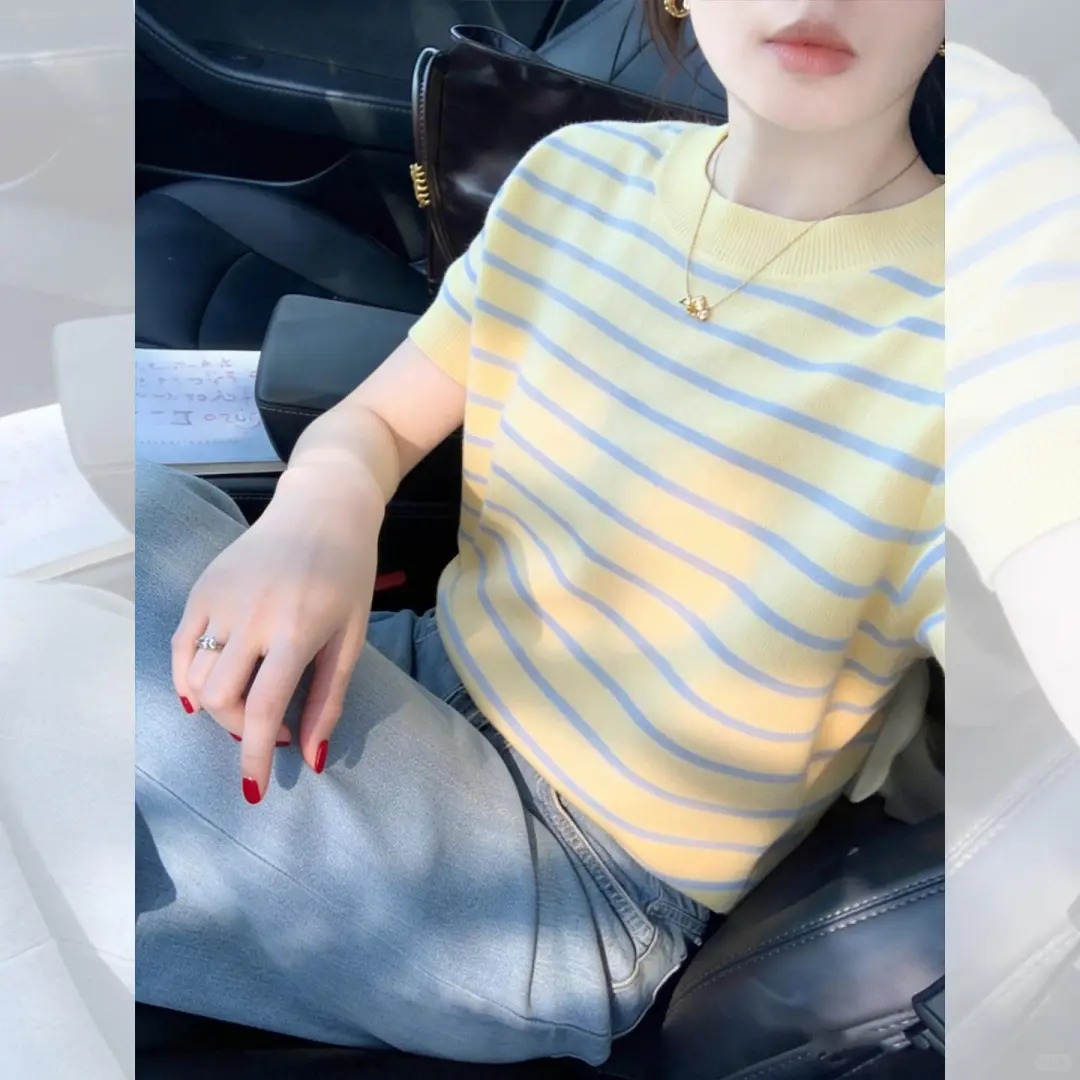 多巴胺黃色條紋圓領針織短袖T恤女款2026春季巨好看獨特漂亮上衣