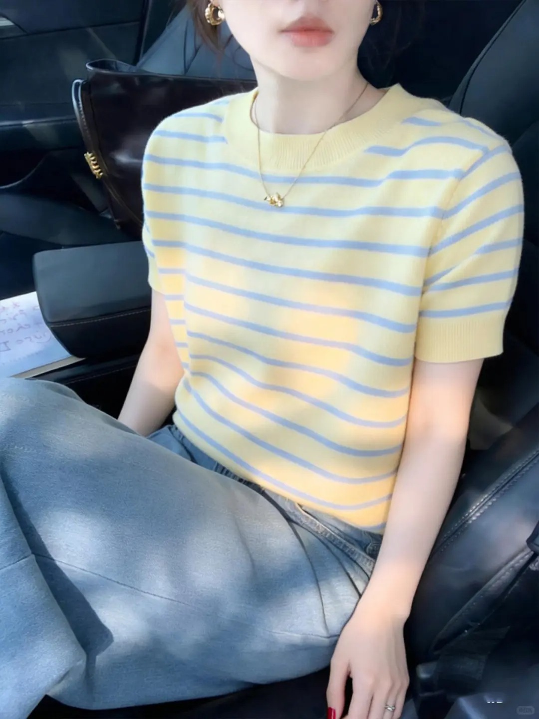 多巴胺黃色條紋圓領針織短袖T恤女款2026春季巨好看獨特漂亮上衣