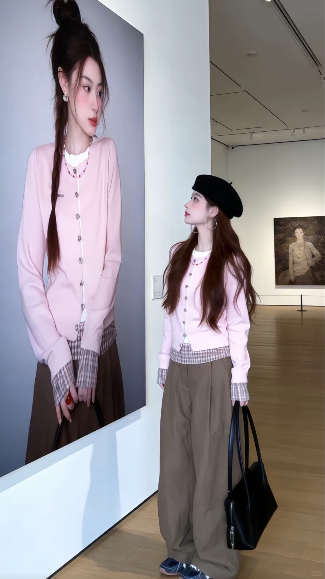 設計感粉色格紋拼接針織開衫外套女早春韓系學院風甜美少女感上衣