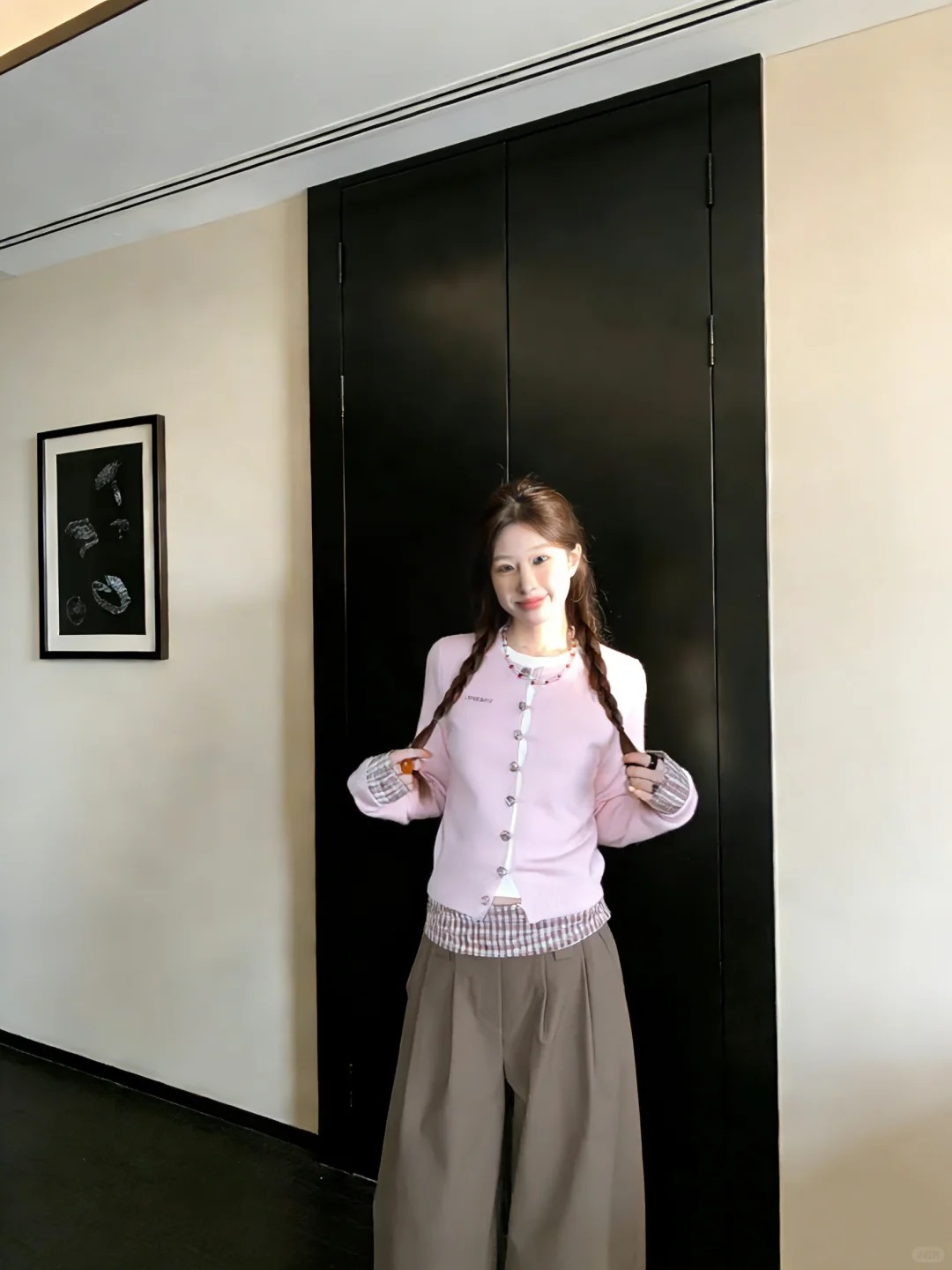 設計感粉色格紋拼接針織開衫外套女早春韓系學院風甜美少女感上衣
