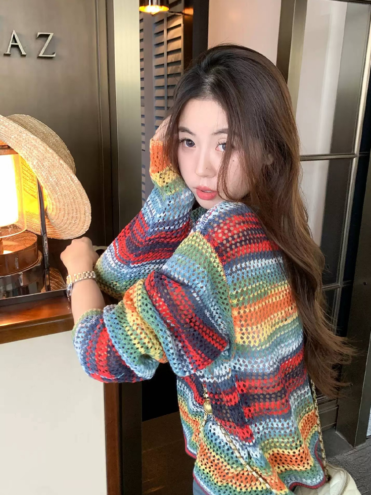 彩色鏤空針織衫長袖防曬罩衫t恤女夏季多巴胺海邊度假上衣