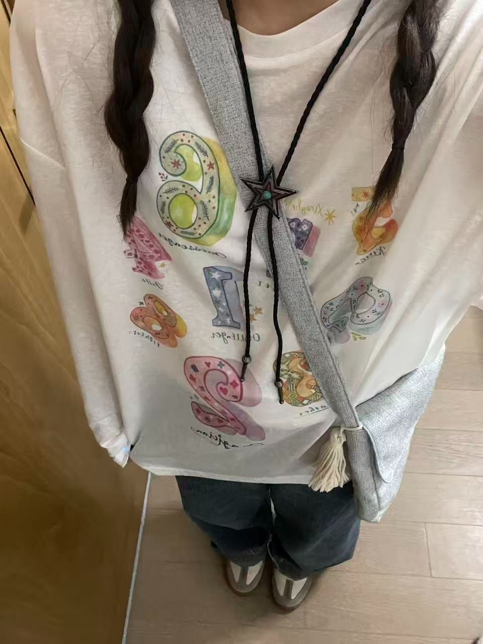 減齡趣味數字印花長袖罩衫T恤女夏季學生薄款涼感防曬衫圓領上衣
