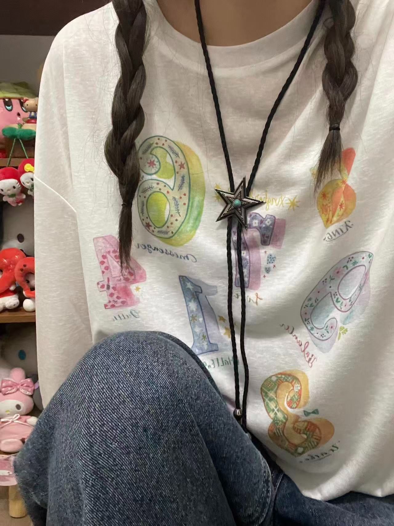 減齡趣味數字印花長袖罩衫T恤女夏季學生薄款涼感防曬衫圓領上衣