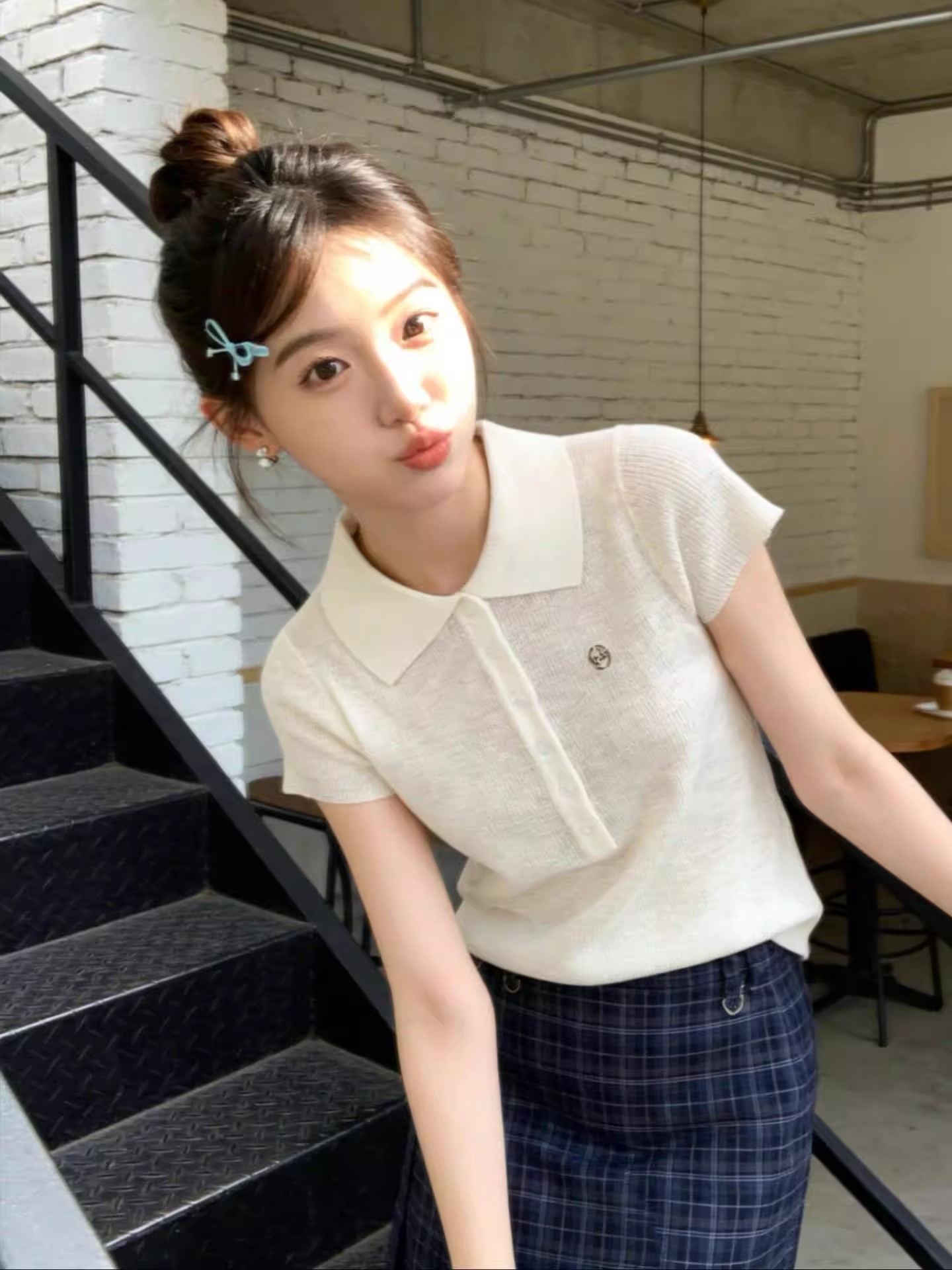 韓系小眾Polo領冰絲針織短袖T恤女夏季小個子獨特漂亮巨好看上衣