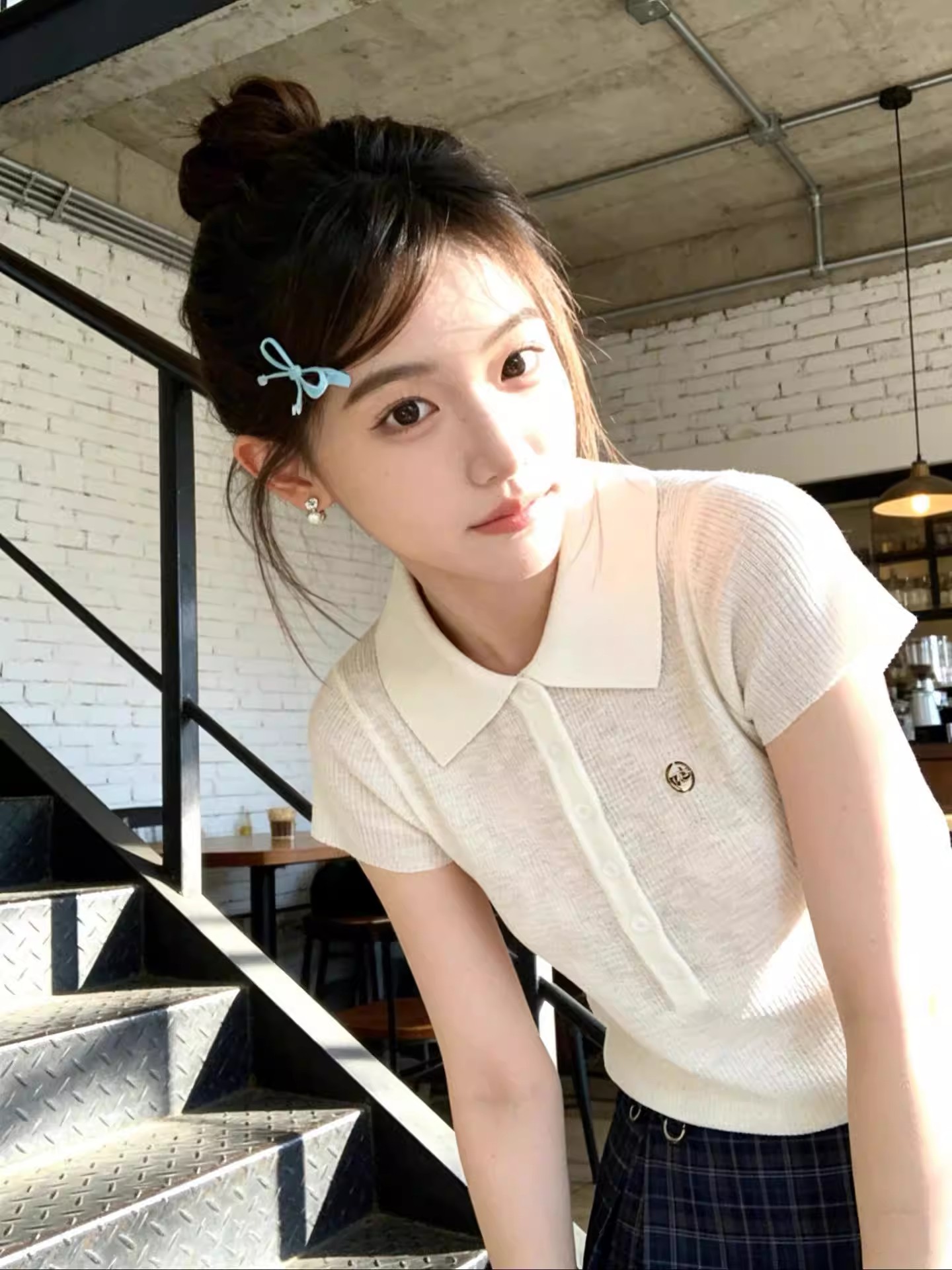 韓系小眾Polo領冰絲針織短袖T恤女夏季小個子獨特漂亮巨好看上衣