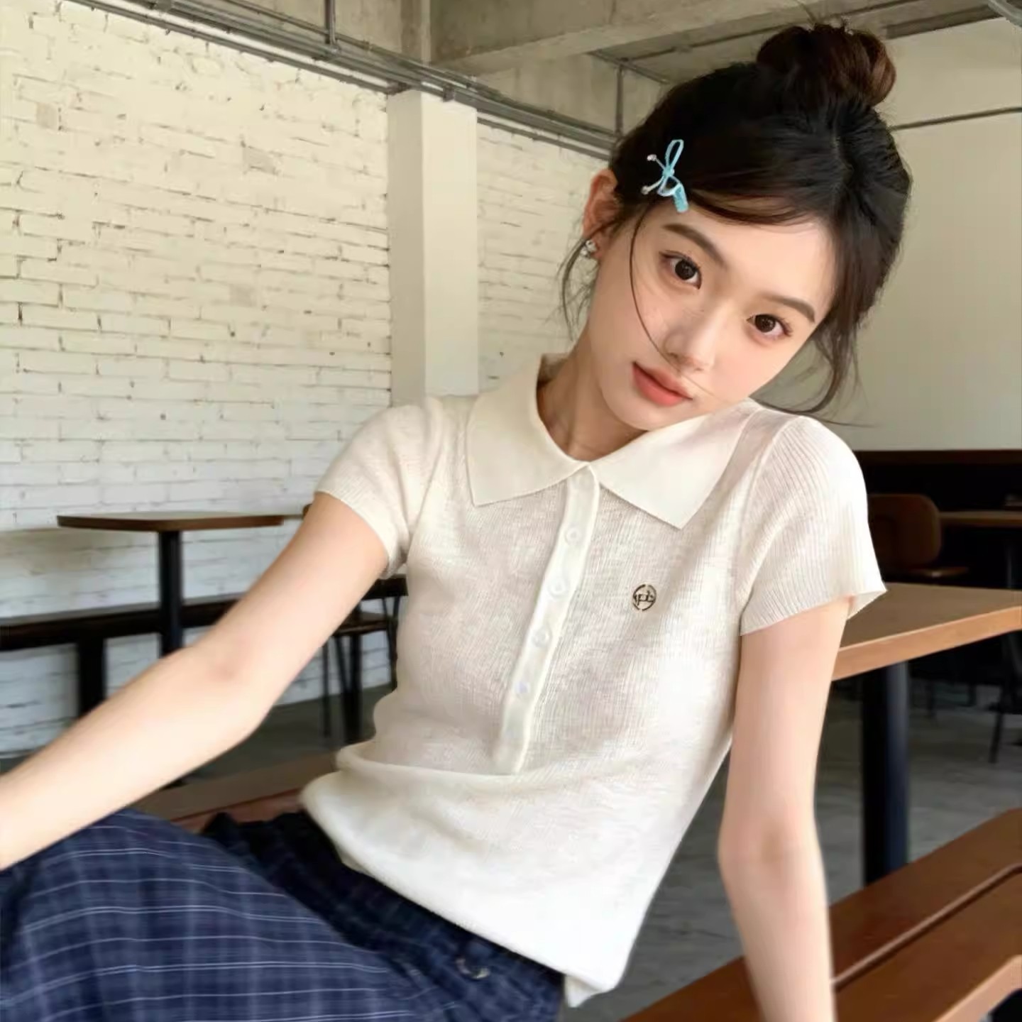 韓系小眾Polo領冰絲針織短袖T恤女夏季小個子獨特漂亮巨好看上衣