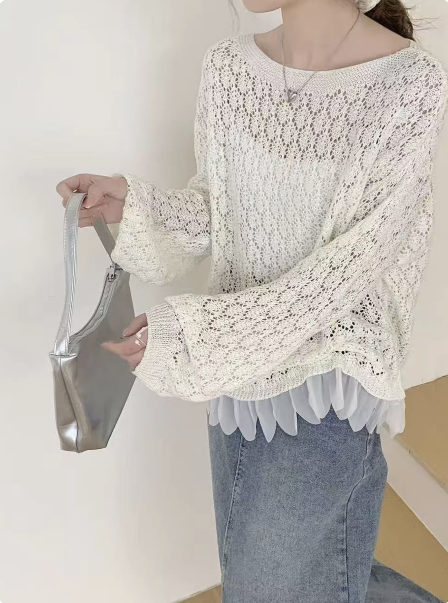 韓系溫柔風鏤空上衣鉤花下擺拼接針織衫女裝春夏新款防曬薄款罩衫